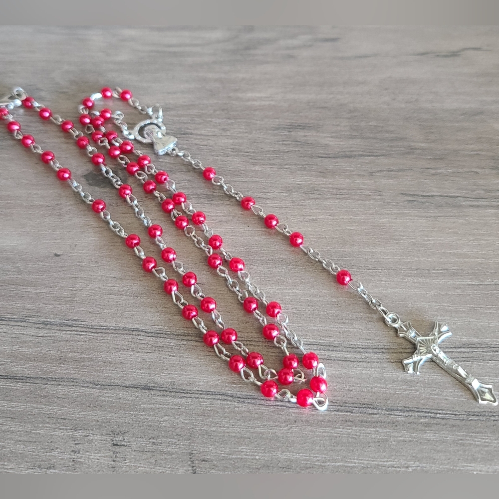 New cranberry red rosary, beaded rosary necklace, religious cross, prayer beads